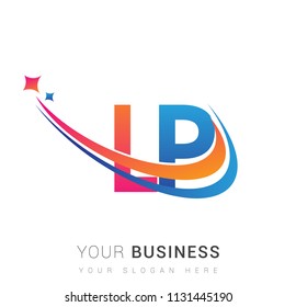 initial letter LP logotype company name colored orange, red and blue swoosh star design. vector logo for business and company identity.