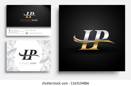initial letter LP logotype company name colored gold and silver swoosh design. Vector sets for business identity on white background.