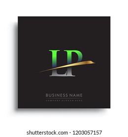 initial letter LP logotype company name colored green and gold swoosh design. vector logo for business and company