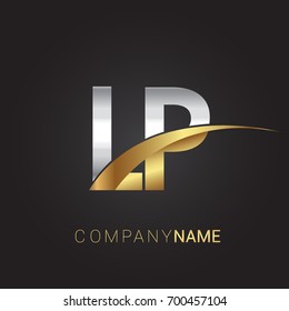 initial letter LP logotype company name colored gold and silver swoosh design. isolated on black background.