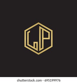 Initial letter LP, minimalist line art hexagon logo, gold color on black background