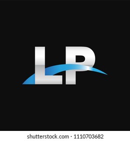 Initial letter LP, overlapping movement swoosh logo, metal silver blue color on black background