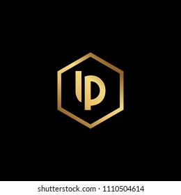 Initial letter LP PL minimalist art monogram circle Hexagon logo, gold color on black background