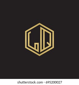 Initial letter LQ, minimalist line art hexagon logo, gold color on black background