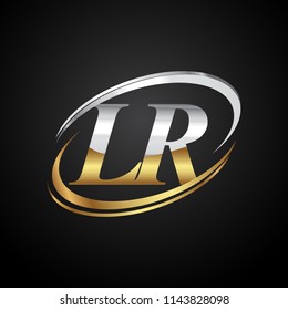 initial letter LR logotype company name colored gold and silver swoosh design. isolated on black background.