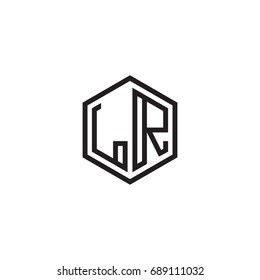 Initial letter LR, minimalist line art monogram hexagon logo, black color