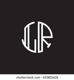 Initial letter LR, minimalist line art monogram circle shape logo, white color on black background