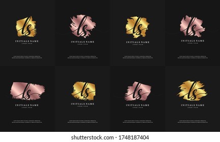 initial letter LS L S handwriting logo set design template with abstract brush on golden and gold rose color