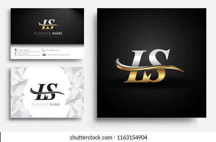 initial letter LS logotype company name colored gold and silver swoosh design. Vector sets for business identity on white background.