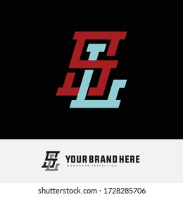 Initial letter LS and SL italic overlapping, interlock, monogram logo, red and blue color on black background