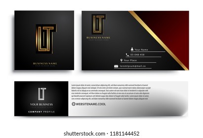 initial letter LT logotype company name colored gold elegant design. Vector sets for business identity on black background.