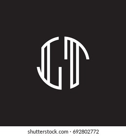 Initial letter LT, minimalist line art monogram circle shape logo, white color on black background