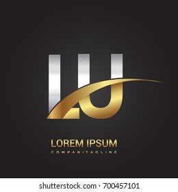 initial letter LU logotype company name colored gold and silver swoosh design. isolated on black background.