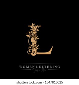 Initial letter Luxury L logo with beautiful woman portrait. Leaf Ornament Luxury glamour concept.