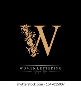 Initial letter Luxury W logo with beautiful woman portrait. Leaf Ornament Luxury glamour concept.