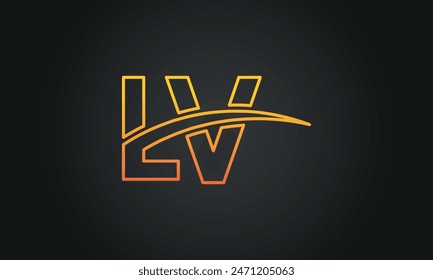 Initial Letter LV Logo Design With Swoosh. Creative And Modern LV Logo Design on Black Background.