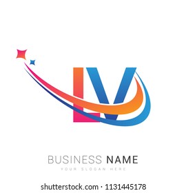 initial letter LV logotype company name colored orange, red and blue swoosh star design. vector logo for business and company identity.