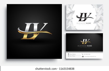 initial letter LV logotype company name colored gold and silver swoosh design. Vector sets for business identity on white background.