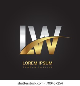 initial letter LW logotype company name colored gold and silver swoosh design. isolated on black background.