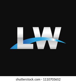 Initial letter LW, overlapping movement swoosh logo, metal silver blue color on black background