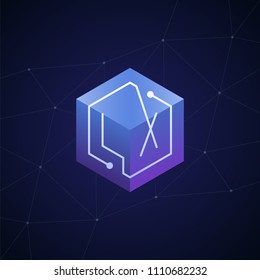 Initial letter LX, block chain, looping mono line circuit letter on hexagon cube logo, blue magenta gradient color on black blue network background