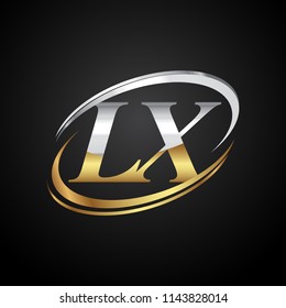 initial letter LX logotype company name colored gold and silver swoosh design. isolated on black background.