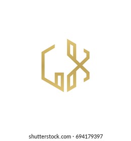 Initial letter LX, minimalist line art hexagon shape logo, gold color