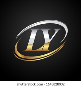 initial letter LY logotype company name colored gold and silver swoosh design. isolated on black background.