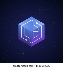 Initial letter LZ, block chain, looping mono line circuit letter on hexagon cube logo, blue magenta gradient color on black blue network background