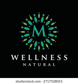 Letra inicial M alfabeto bem-estar, verde, folhas, natural, saúde, orgânico, design de logotipo, círculo folha natureza gráfico ícone vetor modelo