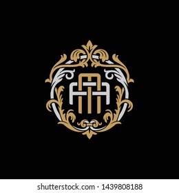 Initial letter A and M, AM, MA, decorative ornament emblem badge, overlapping monogram logo, elegant luxury silver gold color on black background
