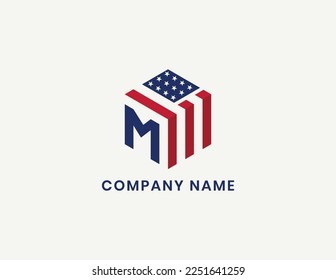 initial Letter M with American Flag in Shape of Hexagon Logo Concept icon sign symbol Element Design. Home, Real Estate, Realtor, Mortgage, House Logotype. Vector illustration template