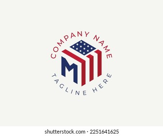 initial Letter M with American Flag in Shape of Hexagon Logo Concept sign icon symbol Element Design. Home, Real Estate, Realtor, Mortgage, House Logotype. Vector illustration template