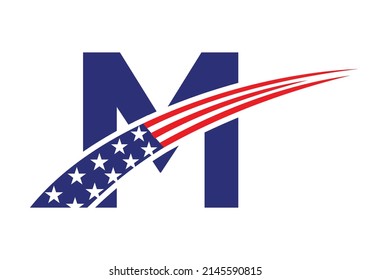 Initial Letter M American Logo for Business, Corporate and Company Sign. USA American Logo on Letter M Vector Template