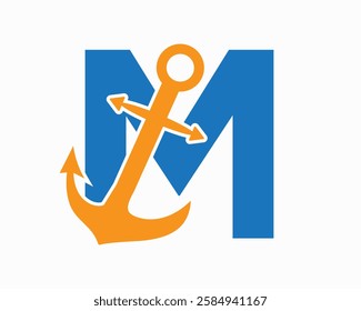 Initial Letter M Anchor Logo Design Concept For Boat, Ship, Yacht, Nautical Transport Symbol