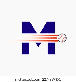 Initial Letter M Baseball Logo With Moving Baseball Icon