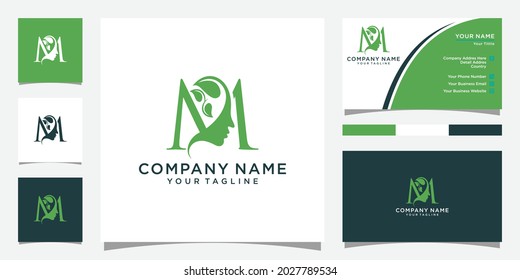 Initial letter M beauty woman logo design concept with business card design.