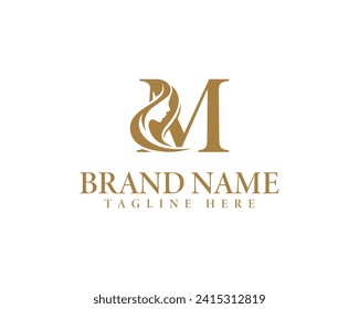 Initial letter M beauty women face logo design. Unique and luxury feminine vector illustration.