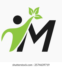 Initial Letter M Bio or Healthcare Logo Design Concept With Human And Green Leaf Symbol