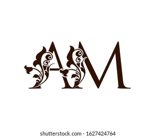 Initial letter A and M, AM brown vintage decorative ornament emblem badge, overlapping monogram logo, classy letter logo icon.