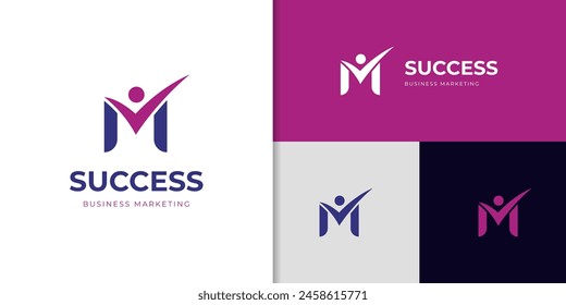 initial letter M with business success People Check Logo design for corporate identity, brand, company logo element