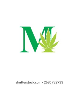 Letra inicial M con diseño de logotipo de hoja de cannabis
