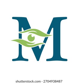 Logo de caridad de letra inicial M combinado con símbolo de mano y ojo