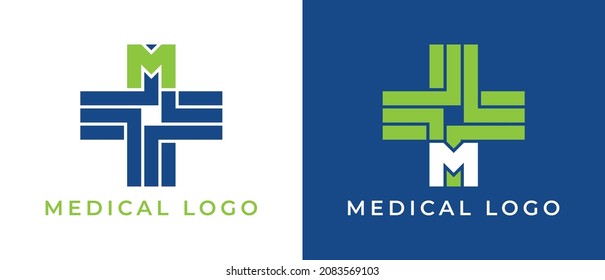 initial Letter M Cross plus medical logo icon design template illustrations
