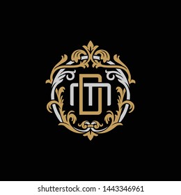 Initial letter M and D, MD, DM, decorative ornament emblem badge, overlapping monogram logo, elegant luxury silver gold color on black background
