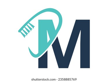 Initial Letter M Dental Logo kombiniert mit dem Tooth Brush Symbol. Designs für Dental Care-Logo, Vektorvorlage
