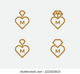 letra inicial M Diamond Heart Jewelry Logo Paquete conjunto de símbolos de símbolo símbolo símbolo de símbolo Diseño de elemento. Amor, Logotipo Joyero. Plantilla de ilustración de vector