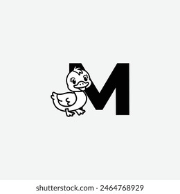 Initial Letter M with Duck Logo Design. Duck is sporting a happy smile. Letter M Vector cute animals character duck isolated illustration and lettering on white background.