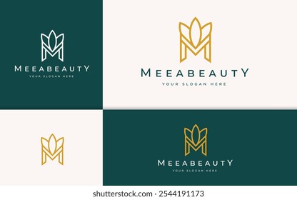 Letra inicial M Elegante con Inspiración de logotipo de símbolo de ícono de hoja. Elegante Vector Con Logotipo Elegante Letra M Inicial. Símbolo del logotipo de Premium Letter M Gold. Ilustración del logotipo del Vector del alfabeto