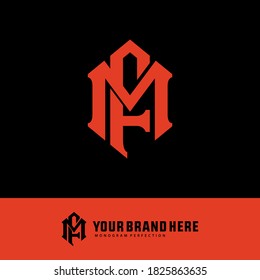 Initial letter M, F, MF or FM overlapping, interlock, monogram logo, orange color on black background